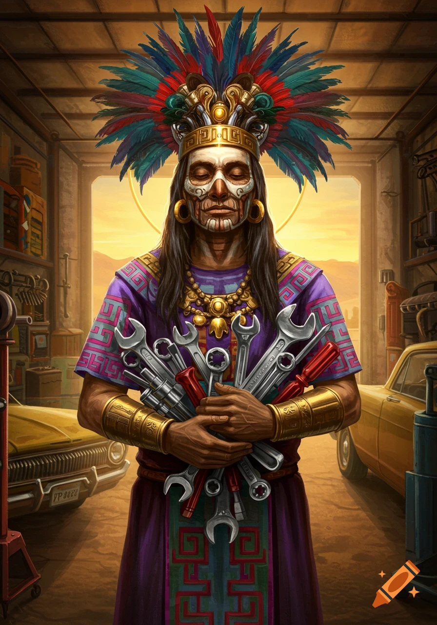 A stylized Mesoamerican-inspired figure with a feathered headdress and face paint, holding wrenches and tools in a sunlit garage with classic cars.