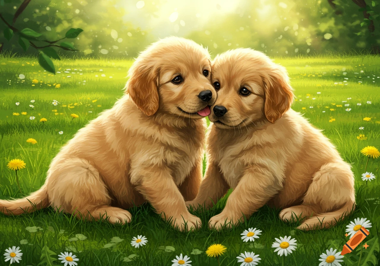Two golden retriever puppies sitting together in a lush green field with small white and yellow flowers.