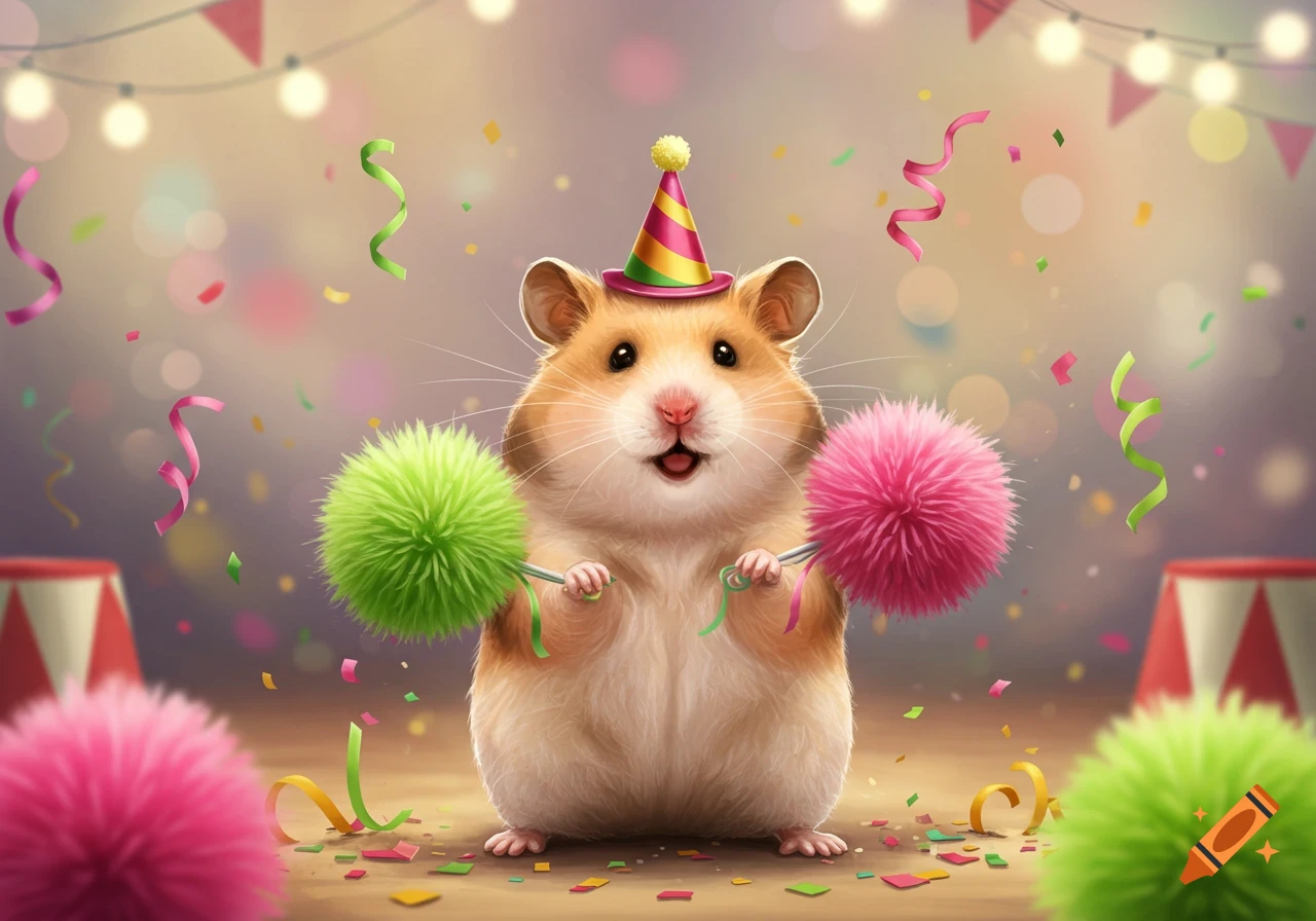 A cute hamster wearing a party hat, holding green and pink pompoms, surrounded by confetti at a celebration.