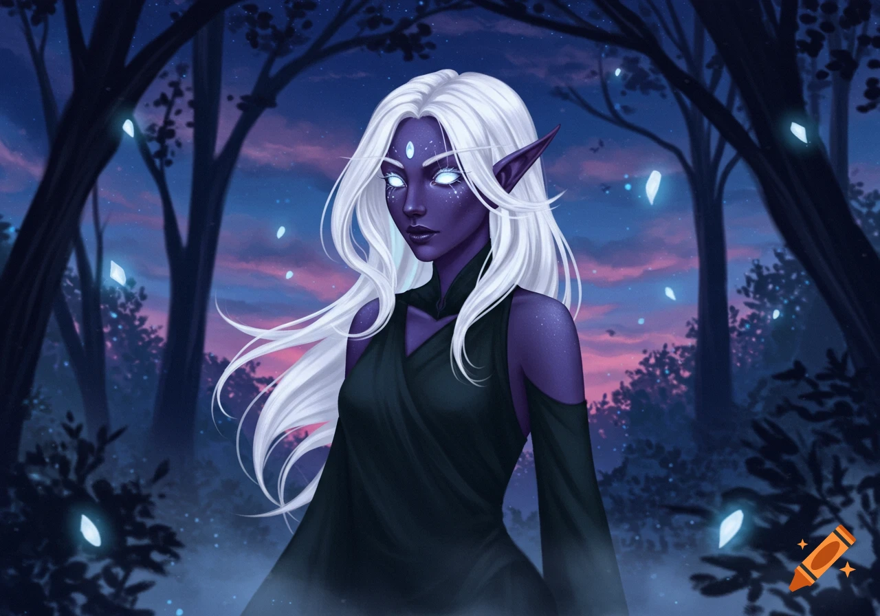 A fantasy portrait of a dark-skinned, white-haired elf with glowing eyes in a mystical forest.