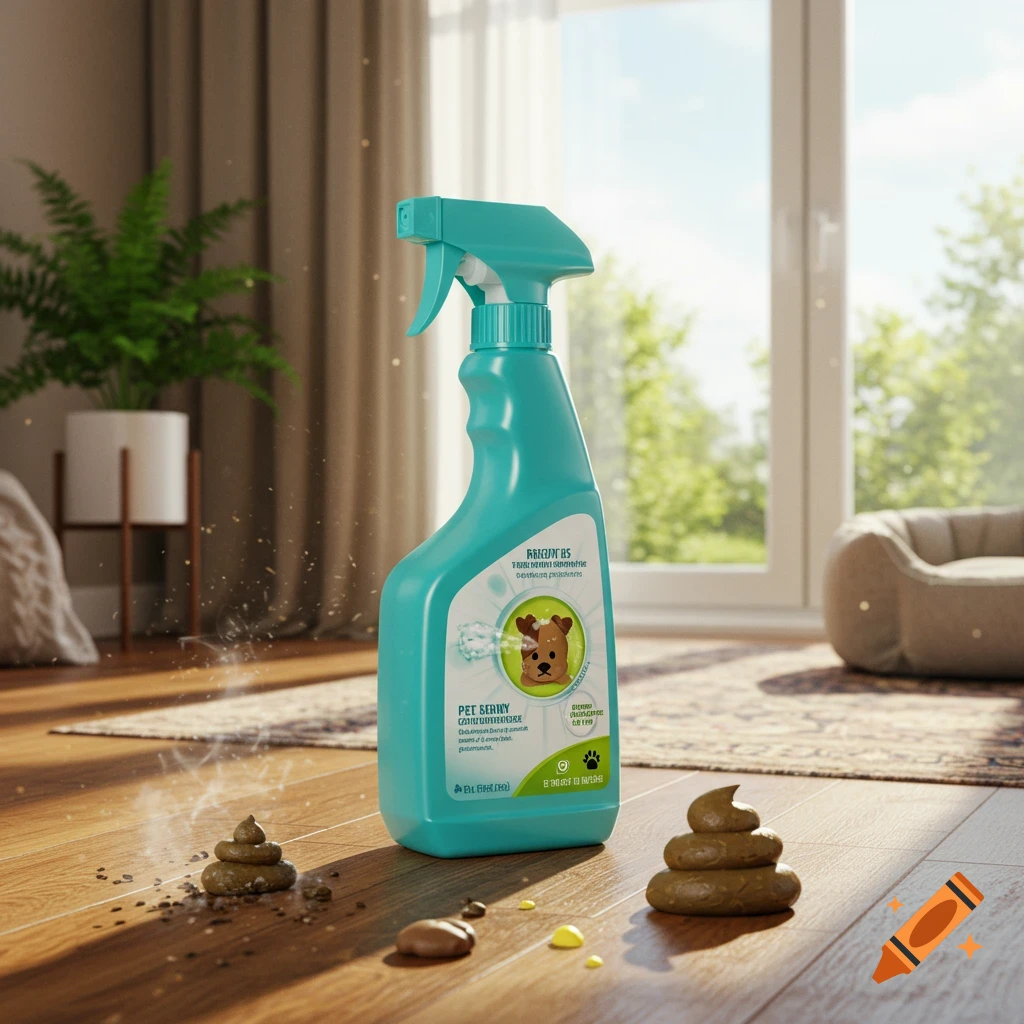 A turquoise pet cleaning spray bottle on a wooden floor next to piles of pet waste in a sunlit room.