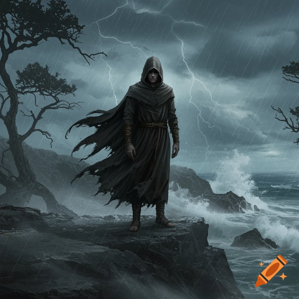 A lone, dark hooded figure stands on a rocky cliff overlooking a stormy sea with lightning and heavy rain.