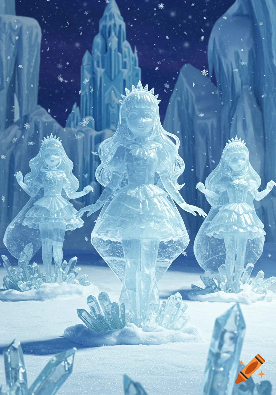 Three translucent blue ice statues of princesses in a snowy landscape with an ice castle. Snowflakes fall around them.