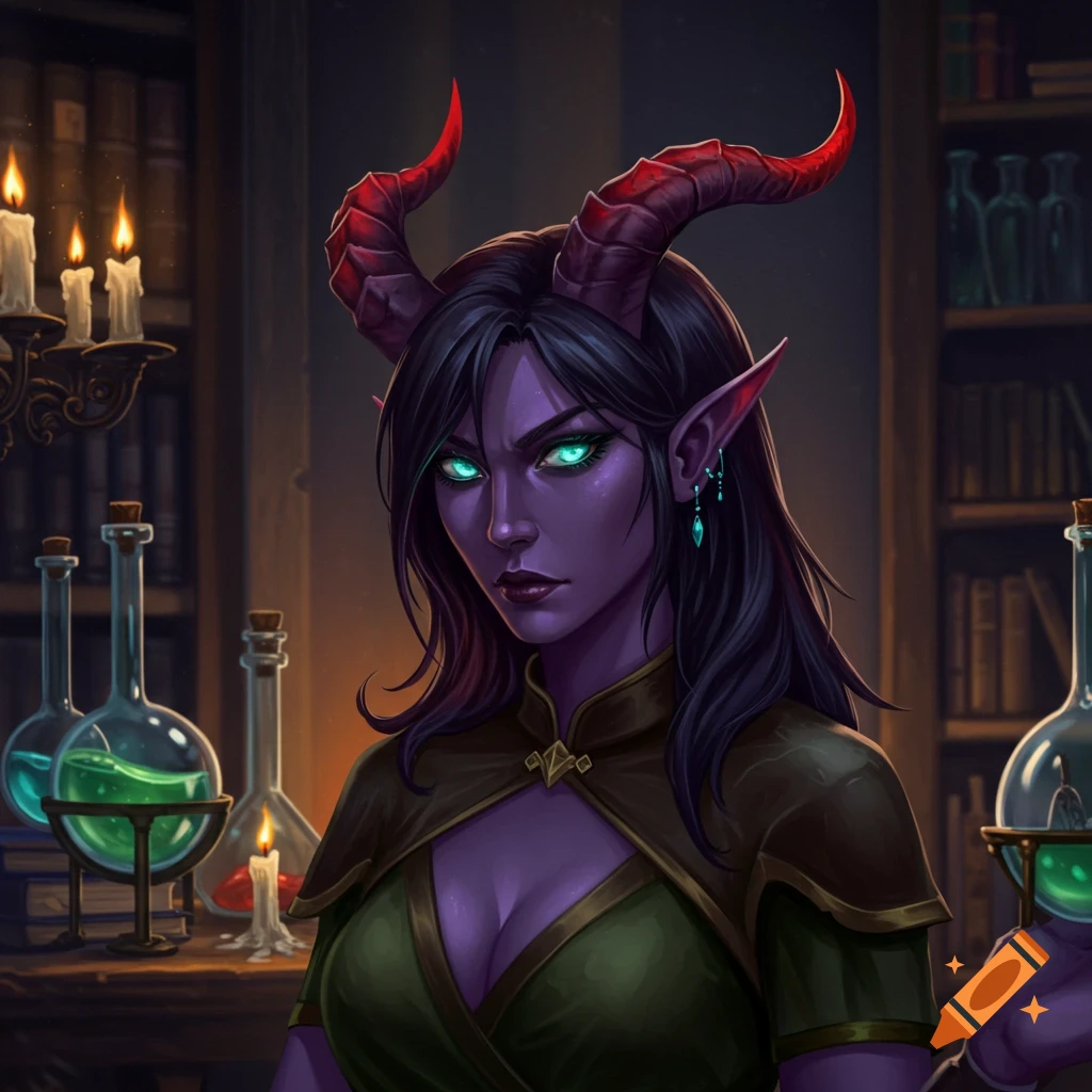 Purple-skinned female tiefling with glowing teal eyes and red-tipped horns, an annoyed expression, in a candlelit alchemy lab. Digital painting.
