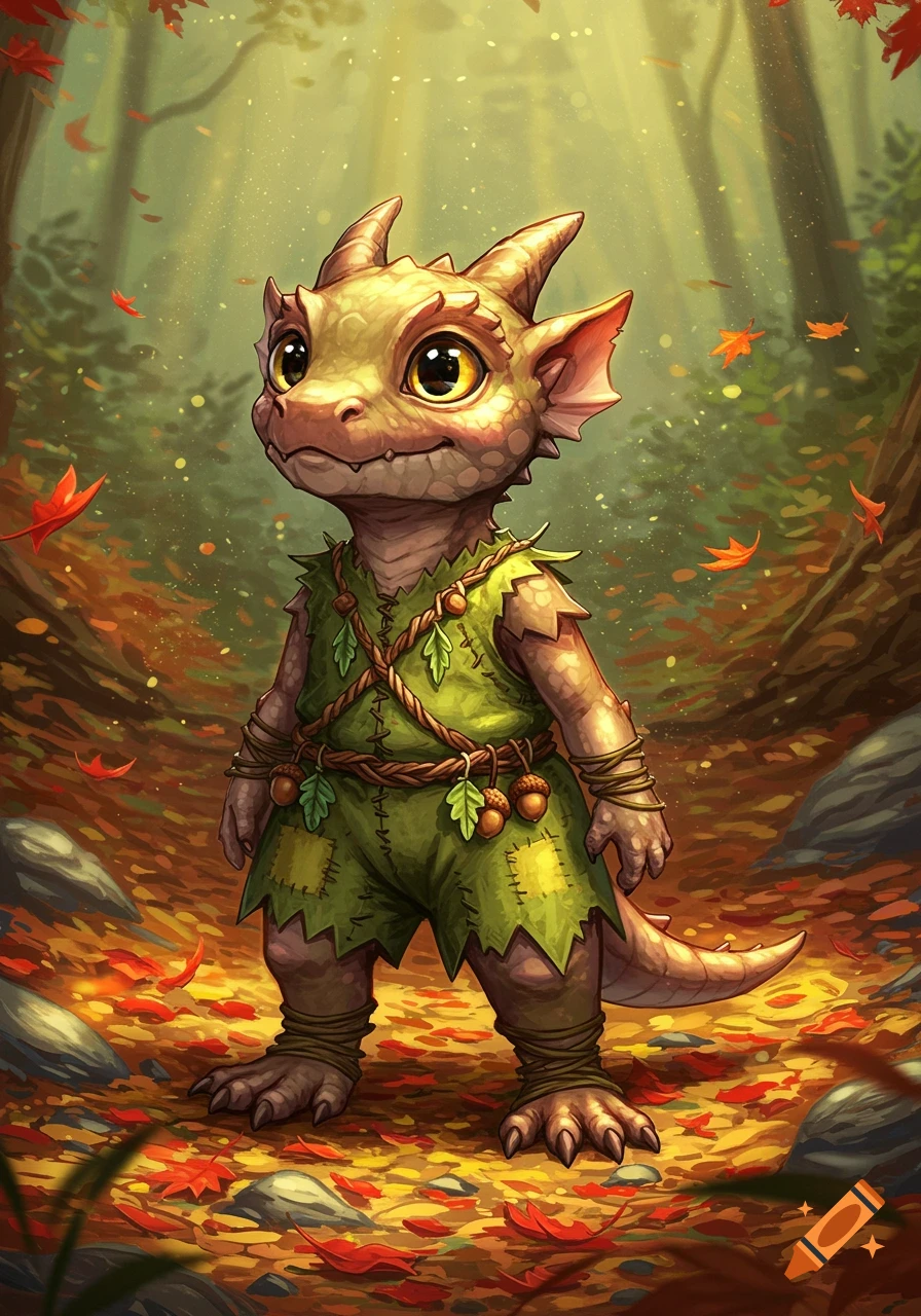 A cute, small dragon-like creature wearing a green tunic stands in a sunlit autumn forest. Illustrated style.
