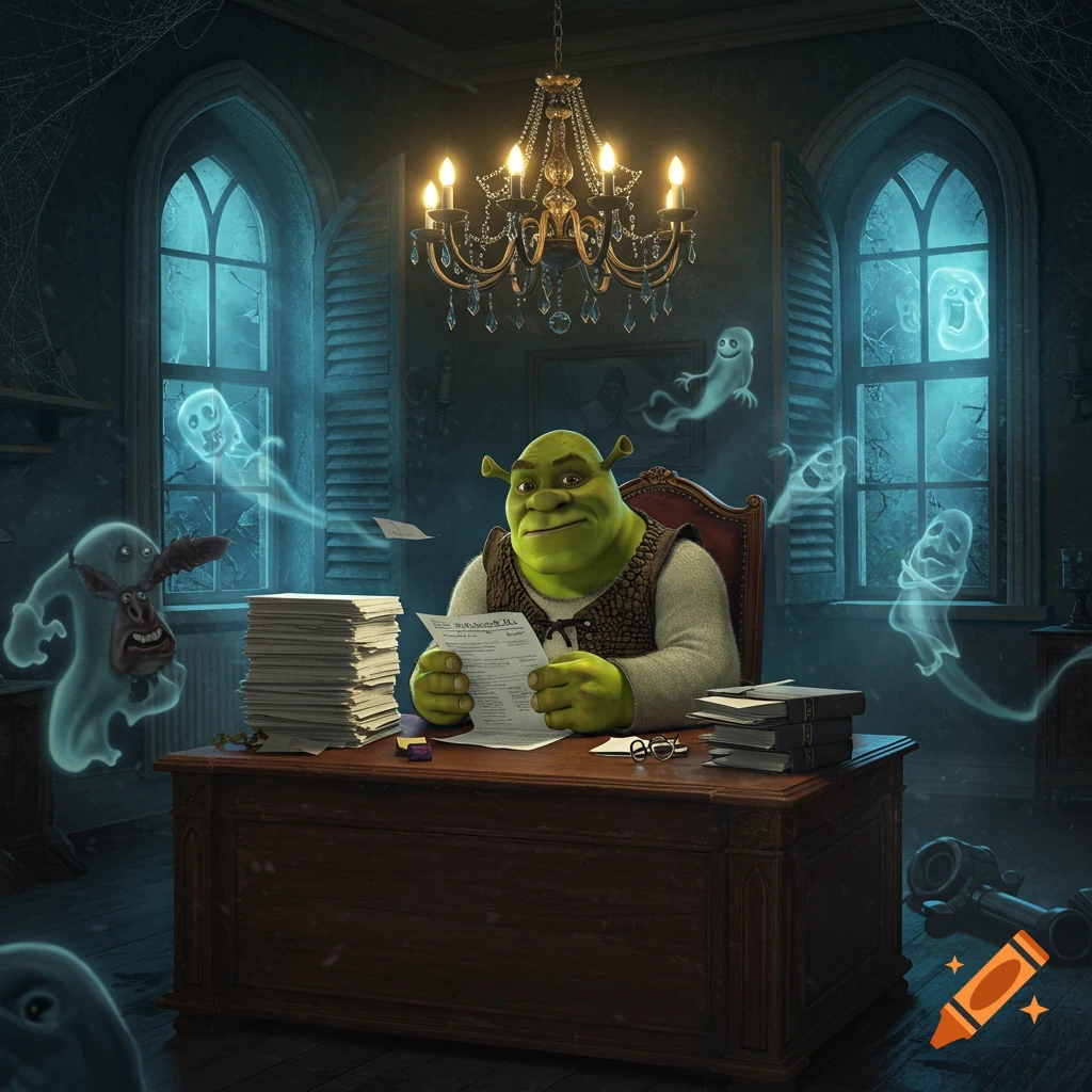 Shrek sits at a large wooden desk in a dimly lit, cobweb-filled haunted study, reading papers while surrounded by floating ghosts.