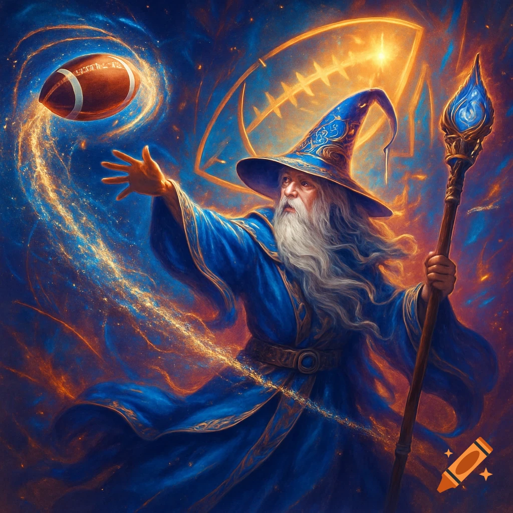 A magical wizard in blue robes and hat conjuring an American football with glowing golden energy against a swirling blue and orange cosmic background. Digital art.