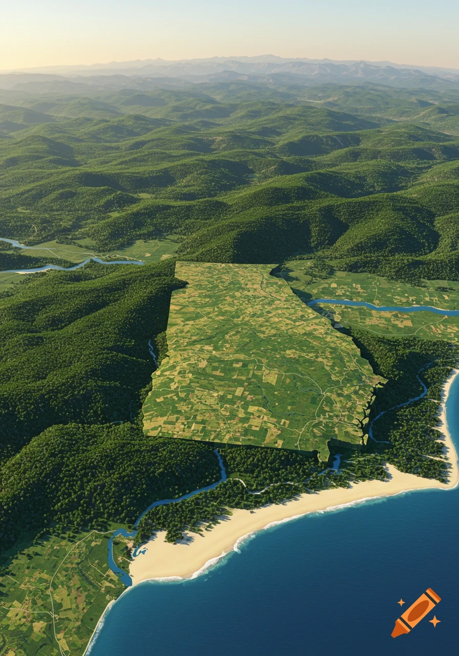 Aerial view of a green landscape with forests, rivers, beach, and farmland shaped like the state of Georgia.