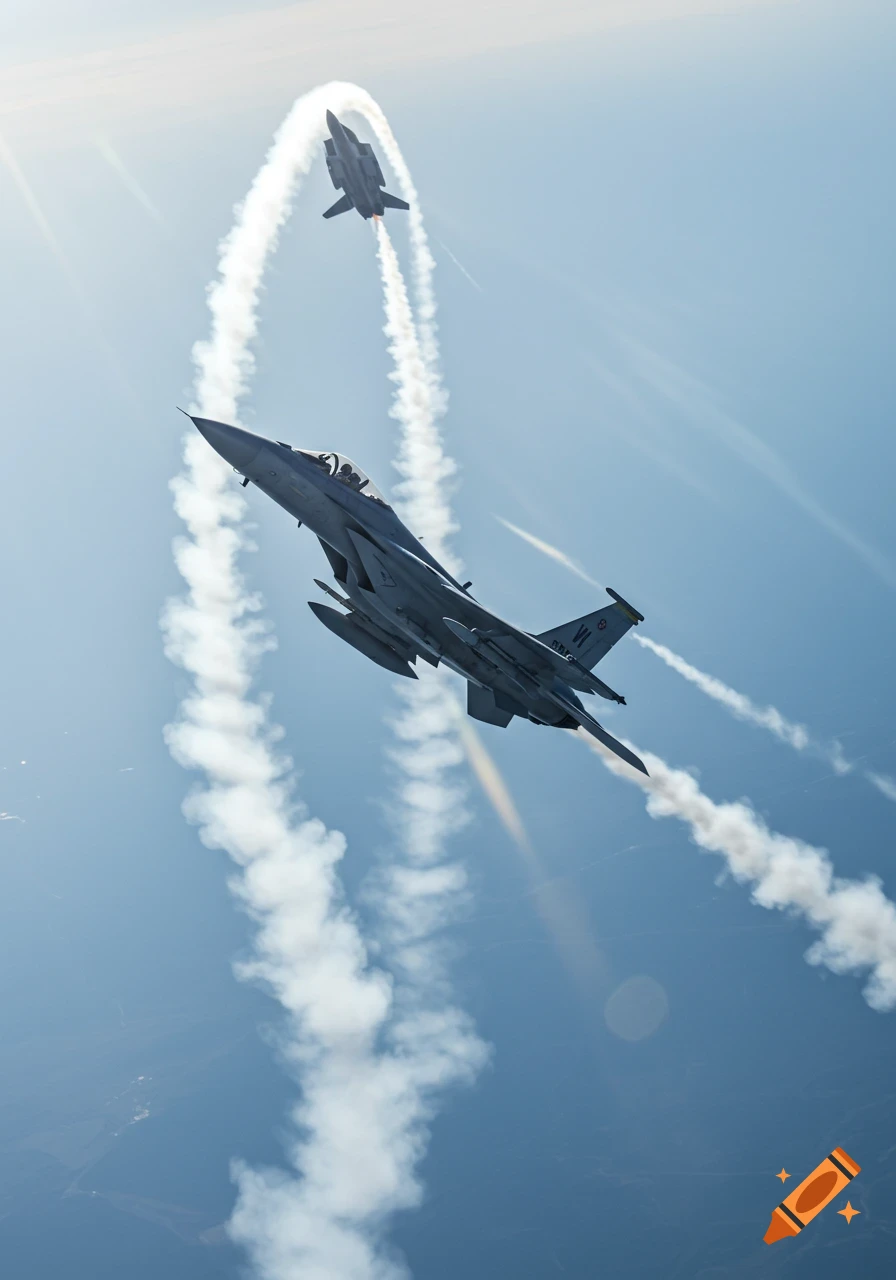 Two photorealistic fighter jets perform maneuvers in a bright blue sky, leaving white contrails.