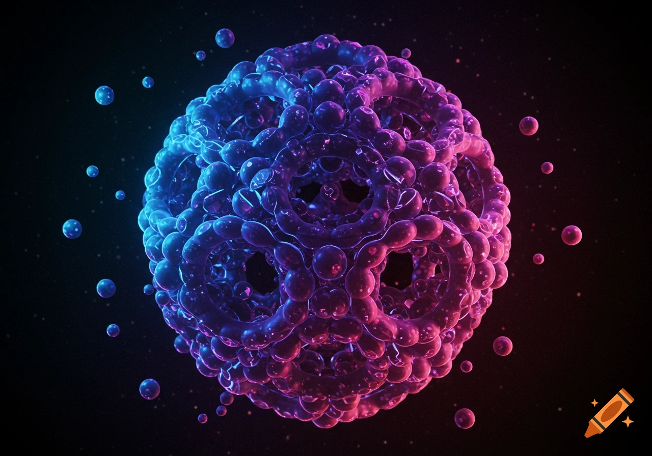 A glowing, complex sphere made of interconnected bubbles in shades of blue and purple on a dark, star-like background.