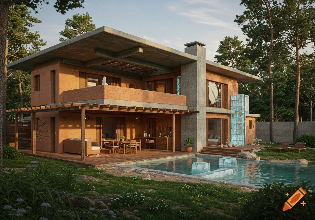 A modern house with terracotta and concrete walls, a large pool with ice-like structures, and surrounding green landscape.