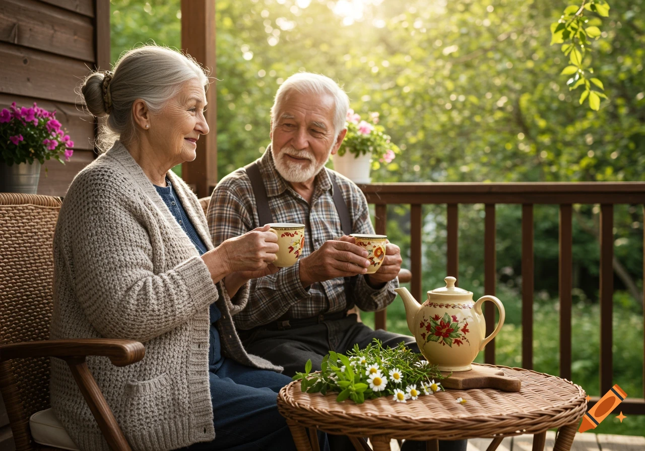 An elderly couple sitting on a sunny porch, enjoying tea together.