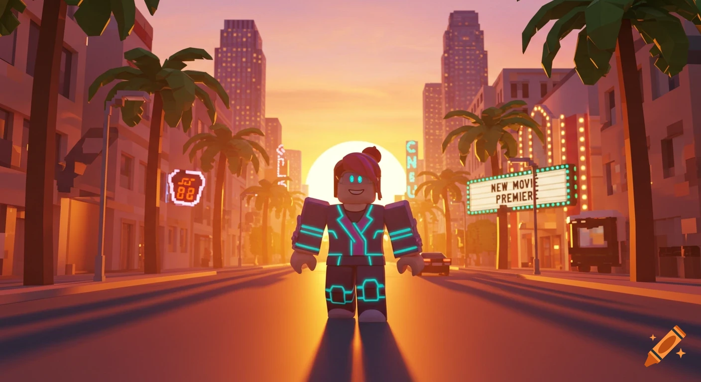 A blocky Roblox character on a city street at sunset with a 'NEW MOVIE PREMIERE' sign and palm trees.