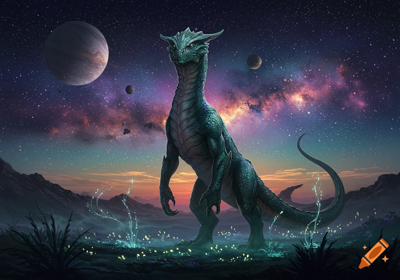 A majestic green dragon-like creature stands on an alien planet under a vibrant, starry nebula sky with multiple planets visible.
