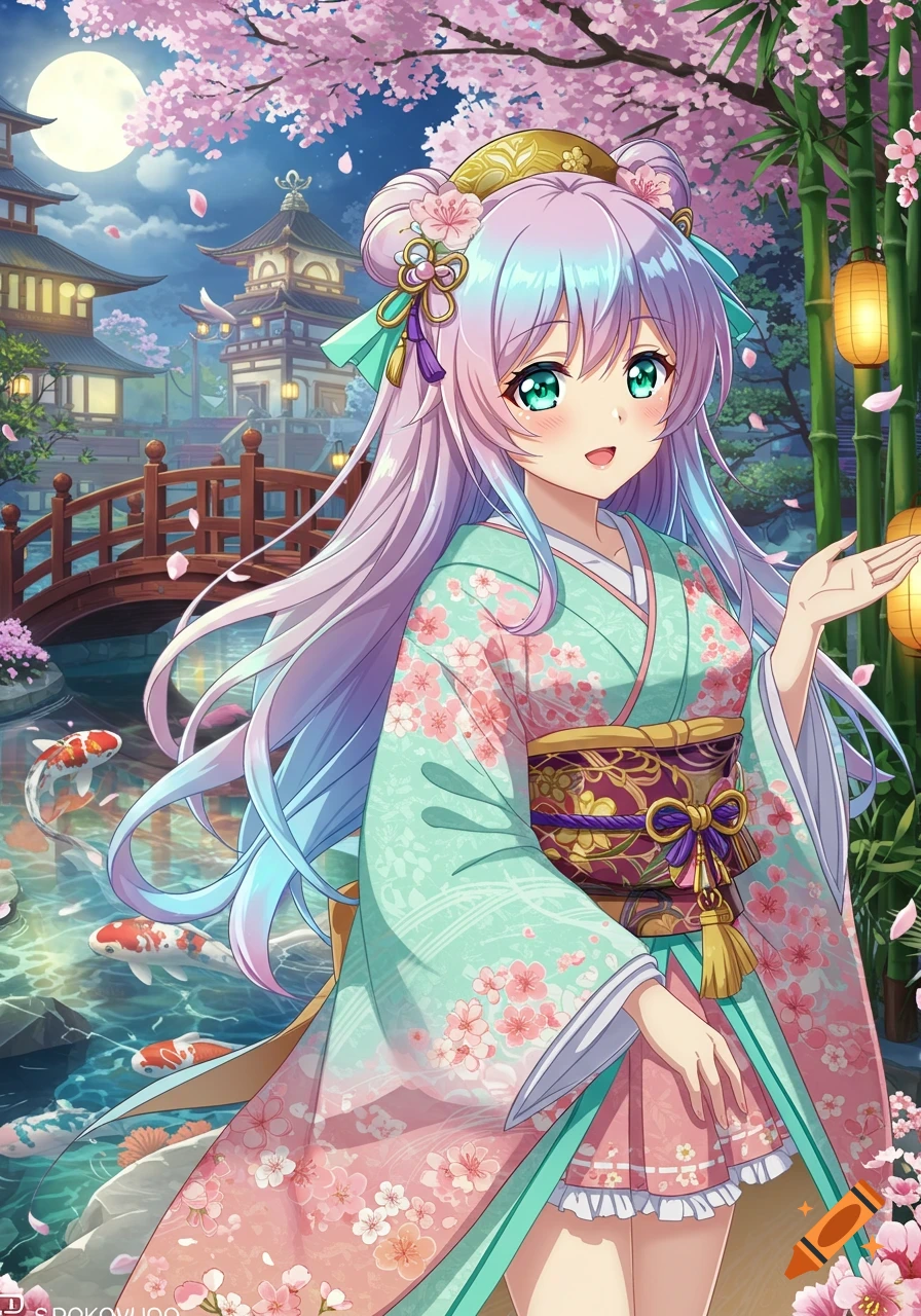 An anime girl in a kimono with pastel hair stands by a pond with koi fish, under a full moon and cherry blossoms in a traditional Japanese setting.