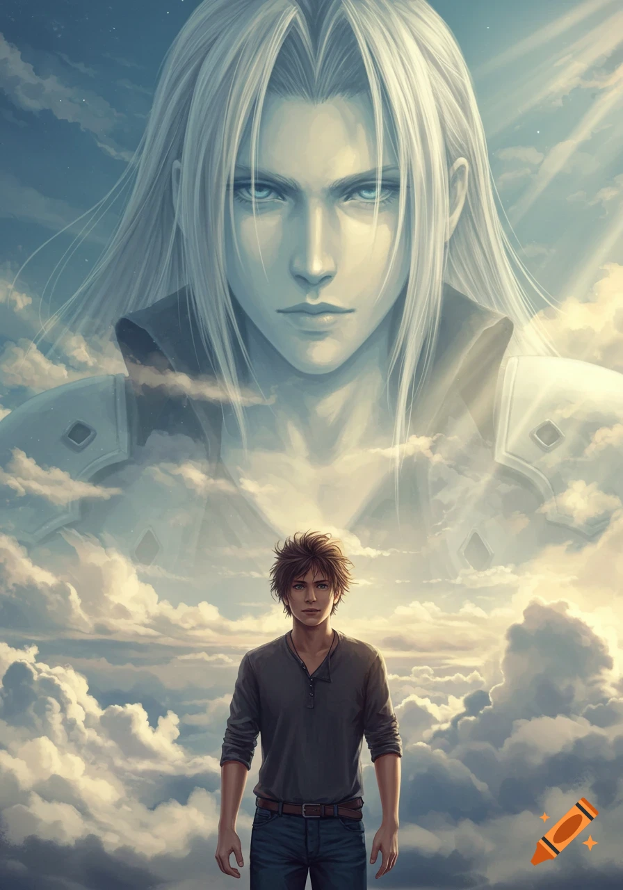 A brown-haired man stands amidst clouds, with a large, faded image of white-haired Sephiroth in the sky above him, bathed in sunlight.