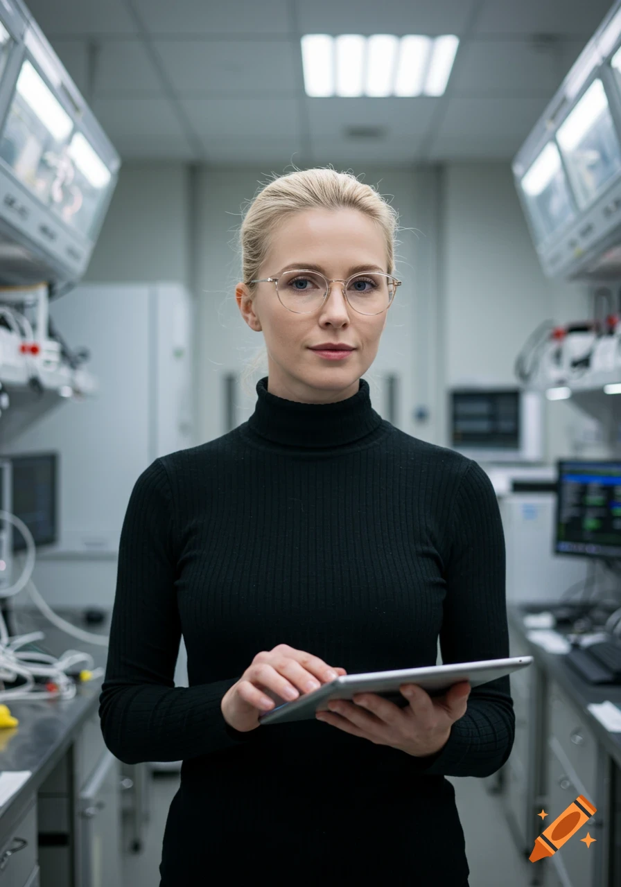 A blonde woman in a black turtleneck and glasses holds a tablet in a high-tech laboratory.