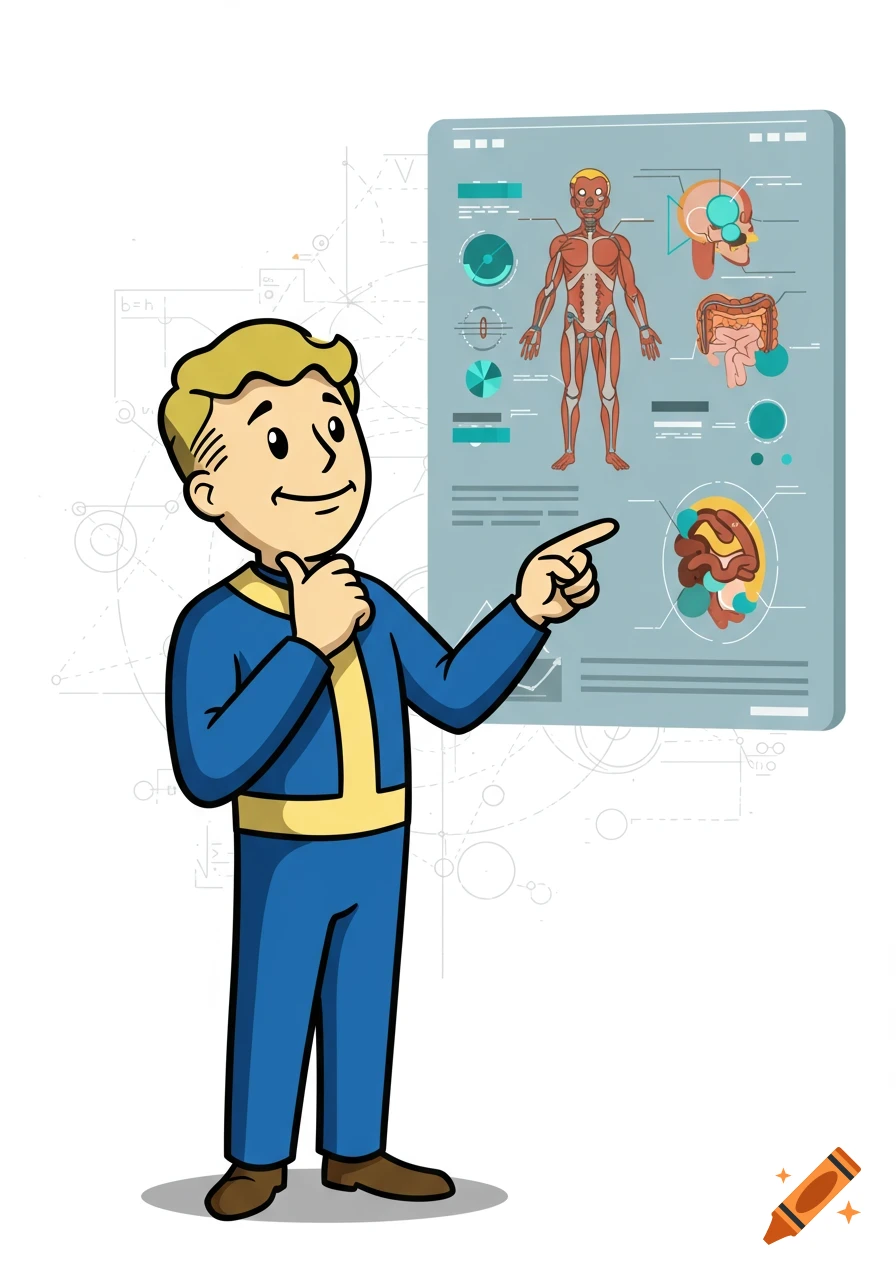 Vault Boy, a cartoon character, points at a digital screen displaying human anatomy diagrams.