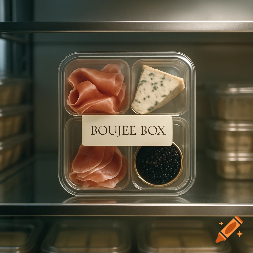 A clear plastic snack box containing prosciutto, blue cheese, and caviar, labeled "BOUJEE BOX", sits on a shelf in a grocery store fridge.