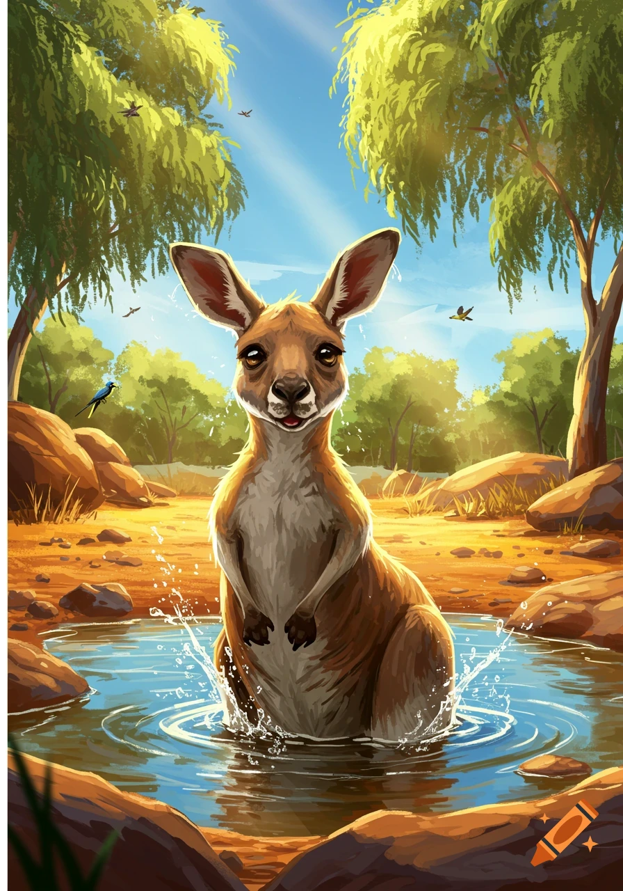 An illustration of a cute kangaroo splashing in a puddle in a sunny Australian landscape.