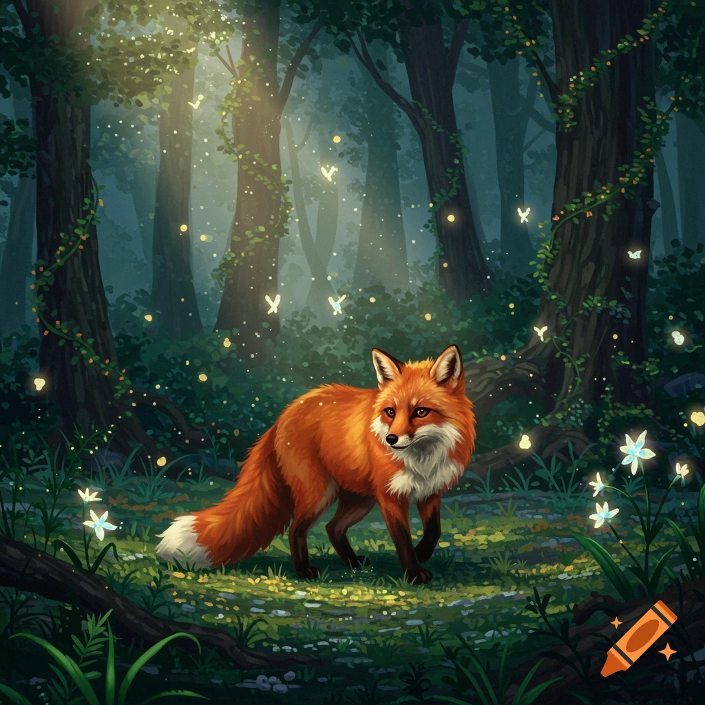 A red fox stands in a luminous, magical forest with glowing fireflies and glowing plants.