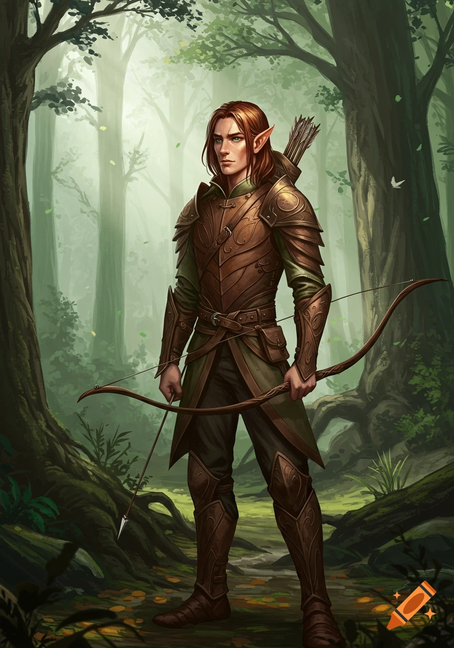 A male elf ranger with red hair and green eyes stands in a misty forest, holding a bow and arrow, wearing brown leather armor.