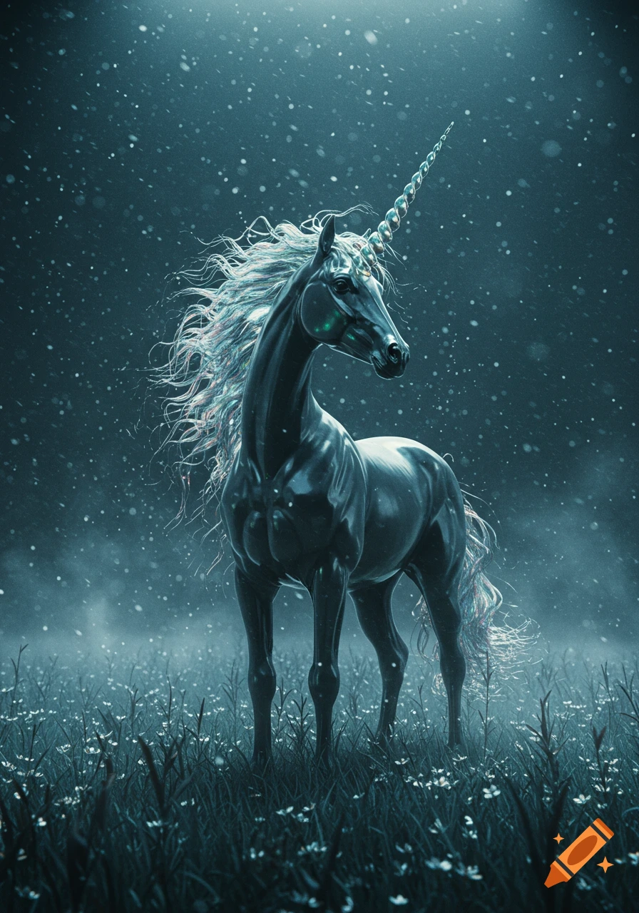 Dark, luminous unicorn with a crystalline horn and flowing mane stands in a field of glowing flowers under falling snow.