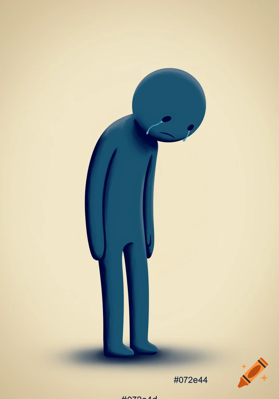 A simple blue stick figure character with a large head, slumped forward with tears falling from its eyes, on a light cream background.