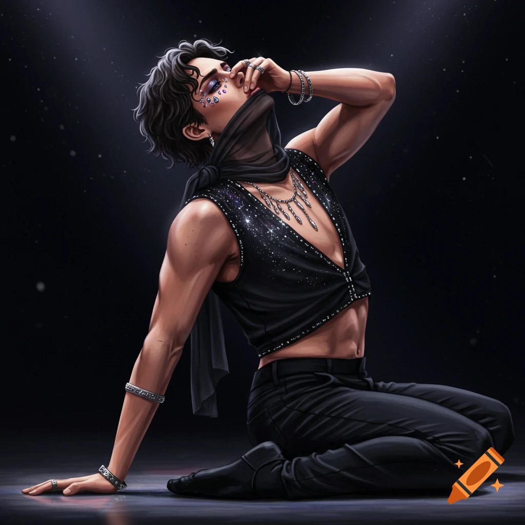 A male dancer with dark hair and glittering makeup kneels on a dark stage, one hand near his veiled face.