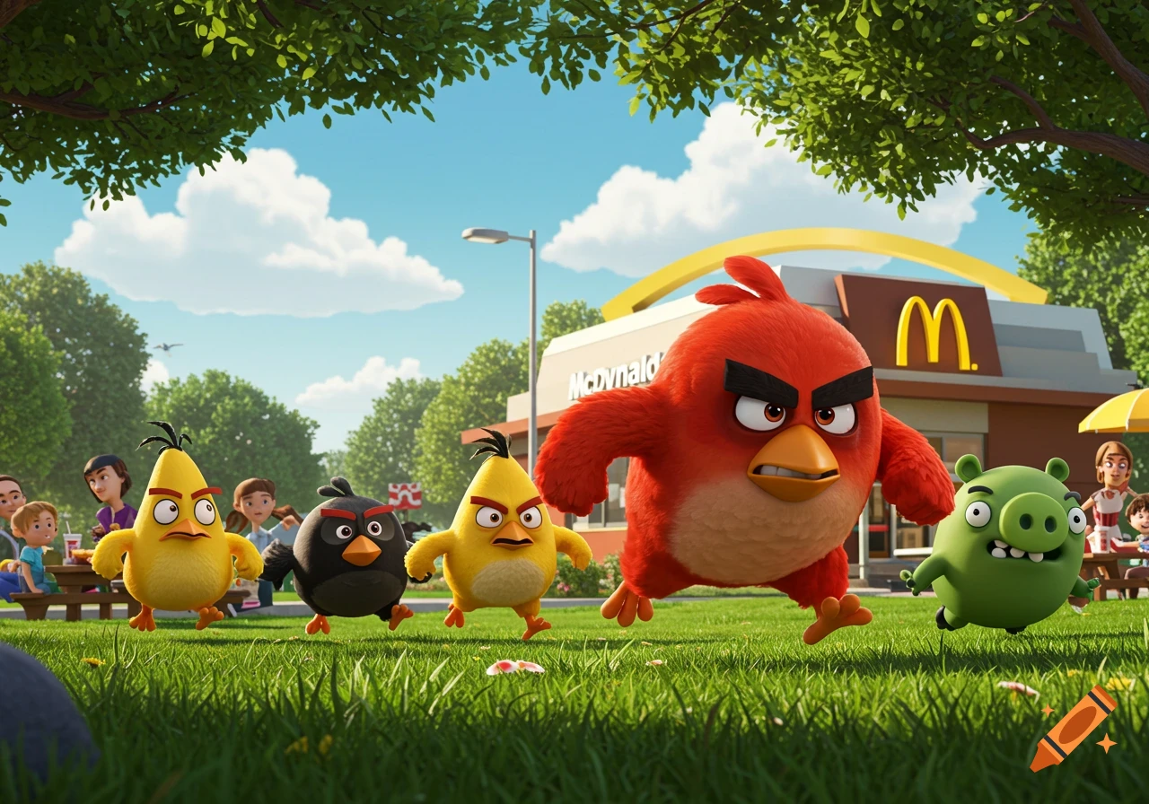 Angry Birds characters, including Red, Chuck, Bomb, and a green pig, run across a grassy field towards a McDonald's restaurant under a clear blue sky.