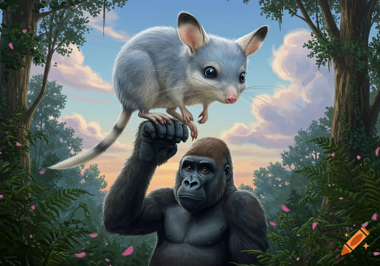 A cute, gray, bilby-like creature stands on the raised fist of a gorilla in a lush forest, digital painting style.