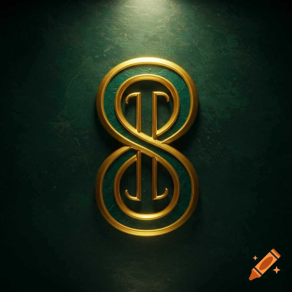 An ornate gold symbol resembling the number 8, creatively infused with stylized vertical elements, set against a dark green textured background with a spotlight.