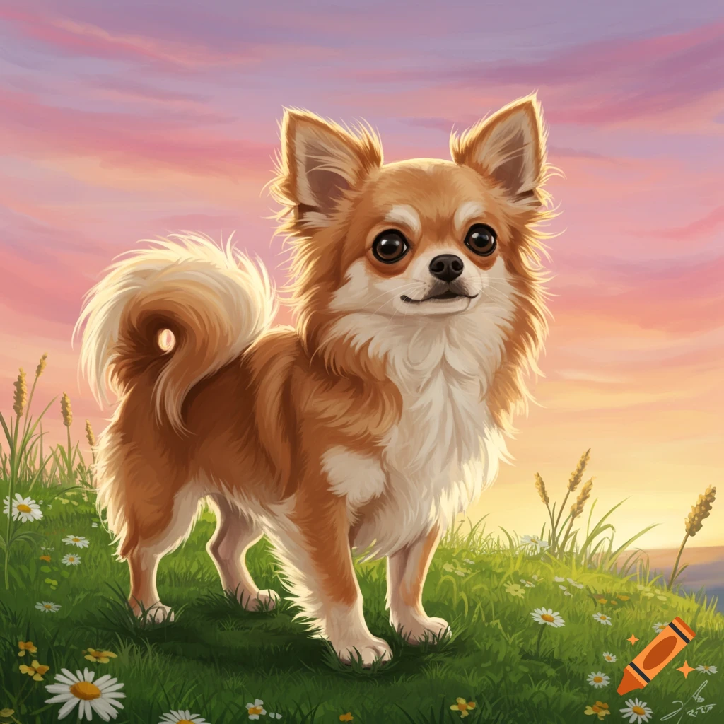 A long-haired chihuahua dog stands in a grassy field with daisies at sunset, rendered in a painterly style.
