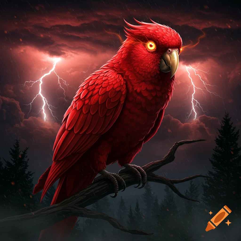 A red, scary-looking parrot with glowing yellow eyes sits on a branch during a stormy night with lightning in an anime style.