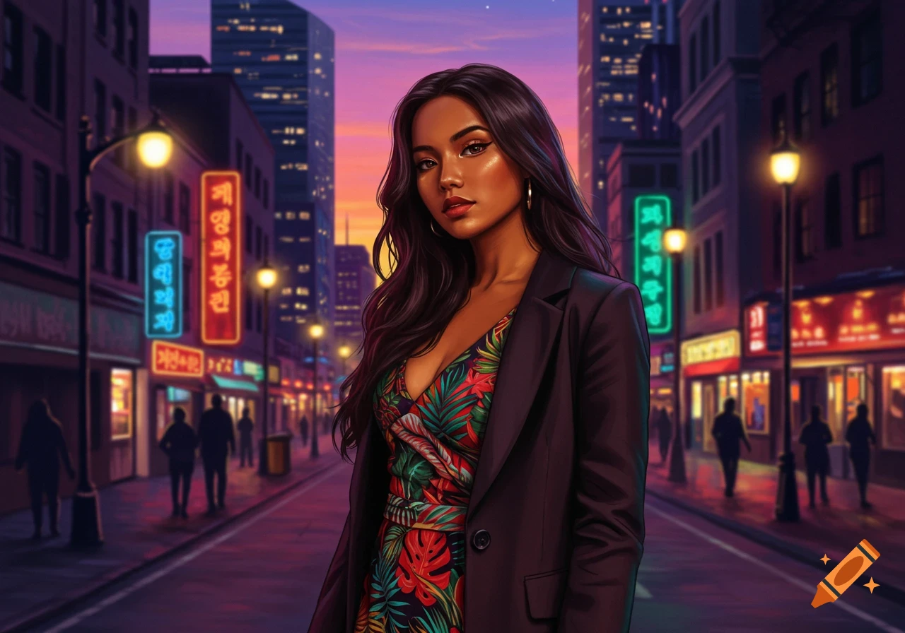 A young woman with long dark hair wearing a black blazer and a colorful floral dress stands on a city street at dusk with neon signs.