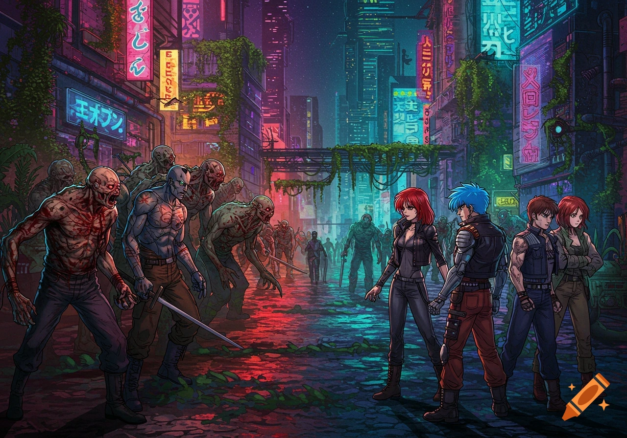 A vibrant anime-style scene depicts a group of human-like characters facing off against a horde of zombies in a neon-lit cyberpunk city at night.
