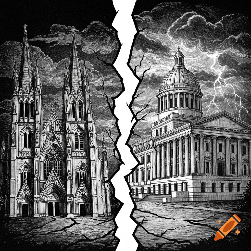 A black and white graphic showing a Gothic church on the left and a domed government building on the right, separated by a jagged white crack. The sky is stormy with lightning.