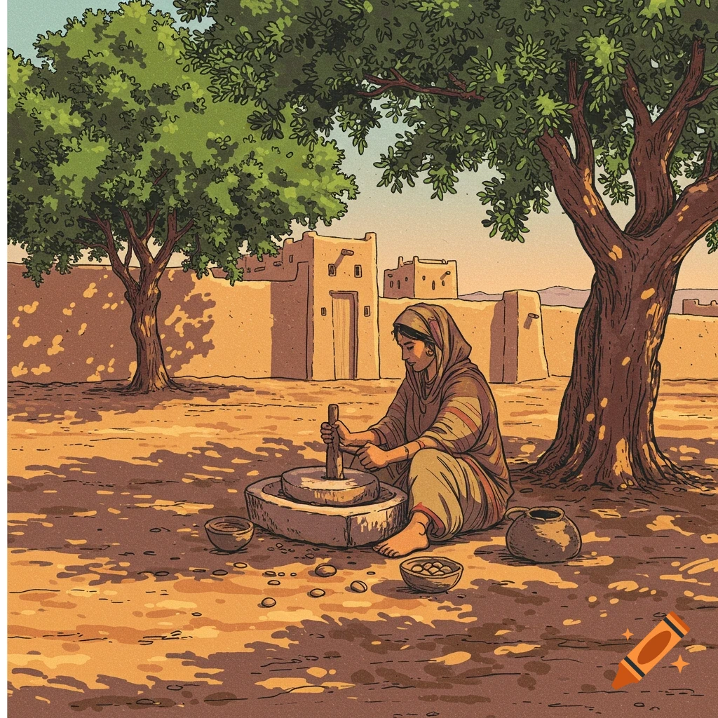 A traditional woman in a headscarf grinds nuts with a stone mill under a tree in a rustic Moroccan village, vintage illustration style.