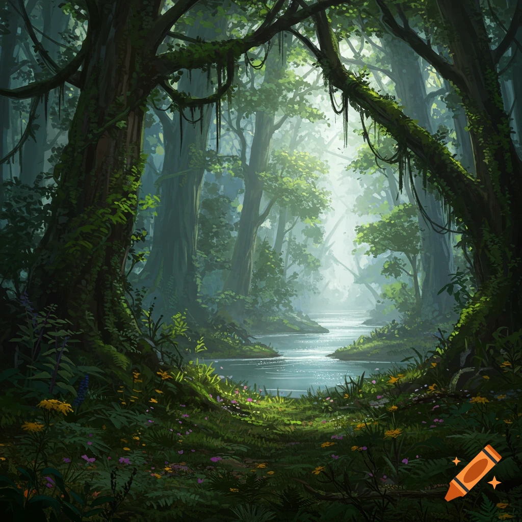A lush, dense forest with a winding river flowing towards a bright, misty clearing in the distance.