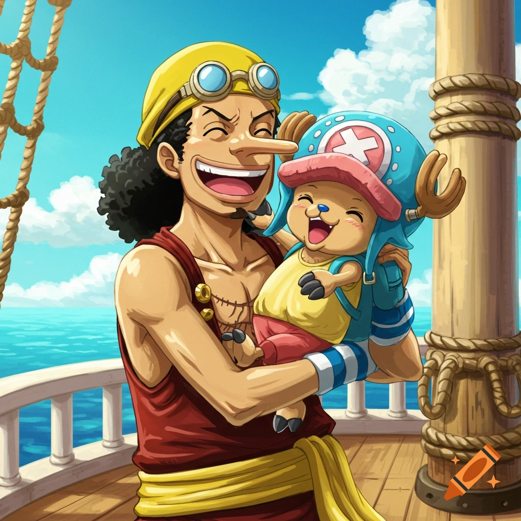 Usopp, with his long nose, holds Tony Tony Chopper on a ship deck. Both characters are smiling in an anime style.