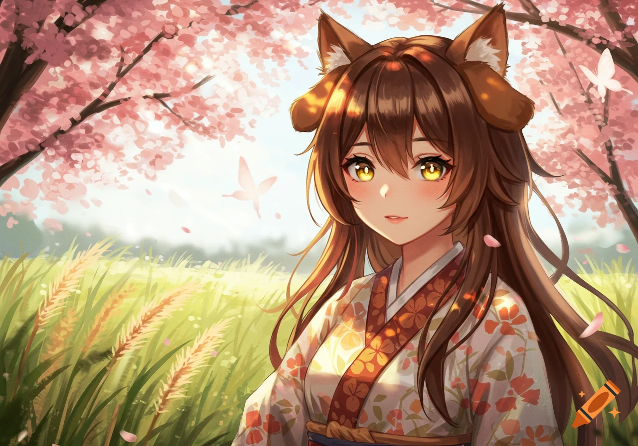 Anime girl with brown hair and dog ears, wearing a kimono, standing in a field of green grass and cherry blossom trees.