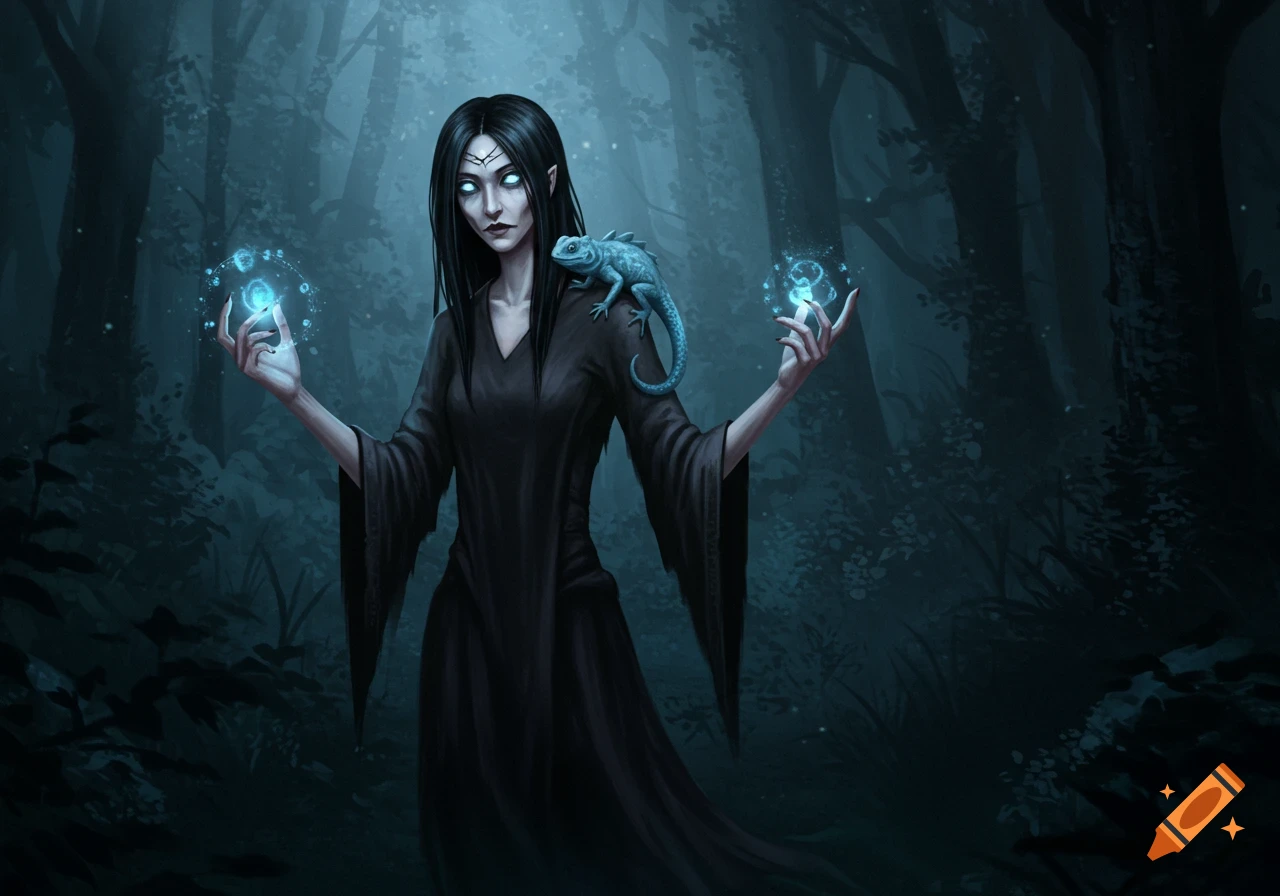 A pale-skinned woman with black hair and glowing eyes holds blue orbs in a dark forest, a blue lizard on her shoulder. Digital art.