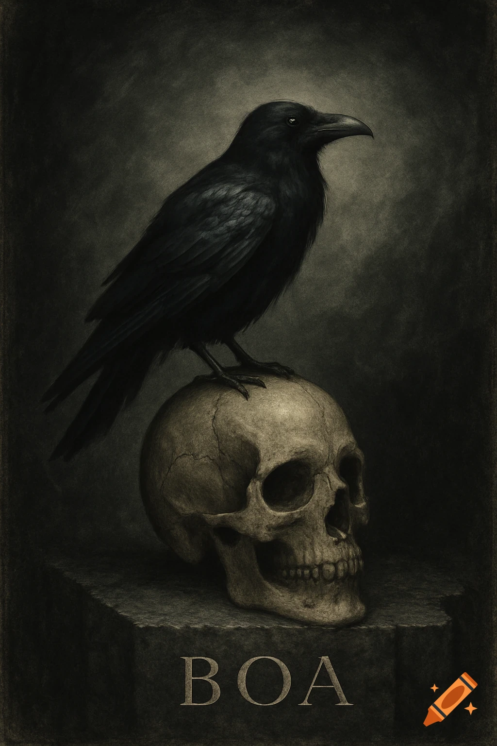 A black crow stands on a cracked human skull with the word BOA below, in a dark, textured art style.