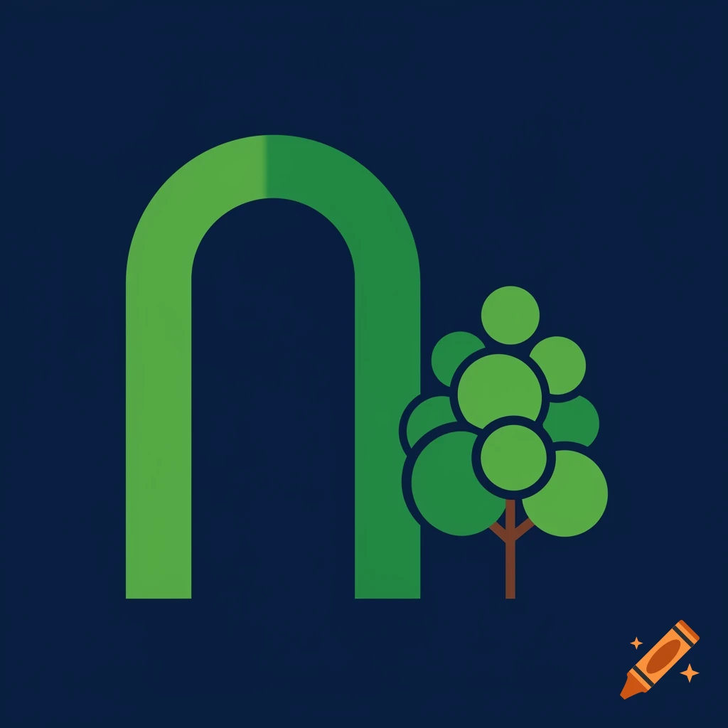 Green arch and a stylized tree on a dark blue background, vector art.