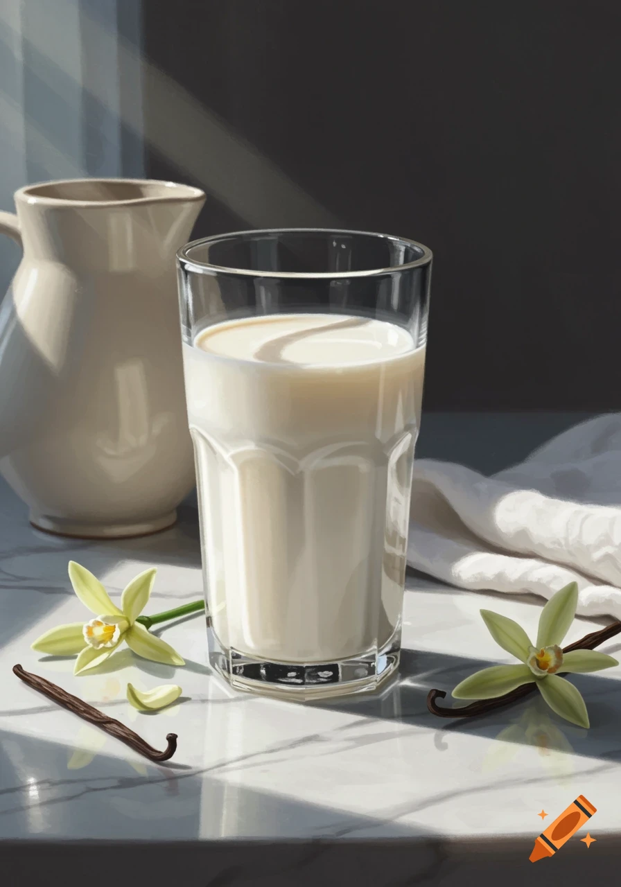 A glass of milk and pitcher on a marble counter, with vanilla beans and flowers, lit by sunlight.
