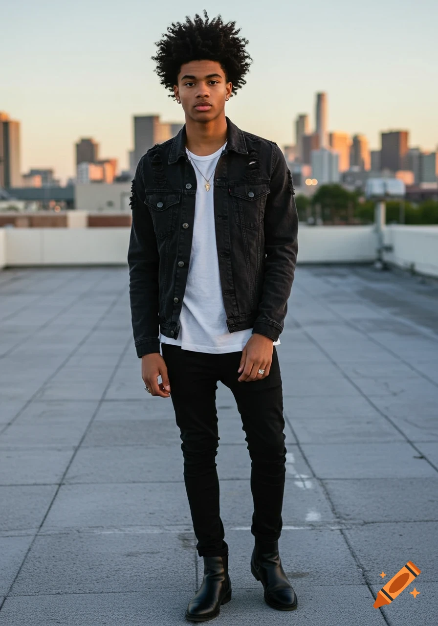 Young man in black denim jacket and skinny jeans on a rooftop with a city skyline at sunset.
