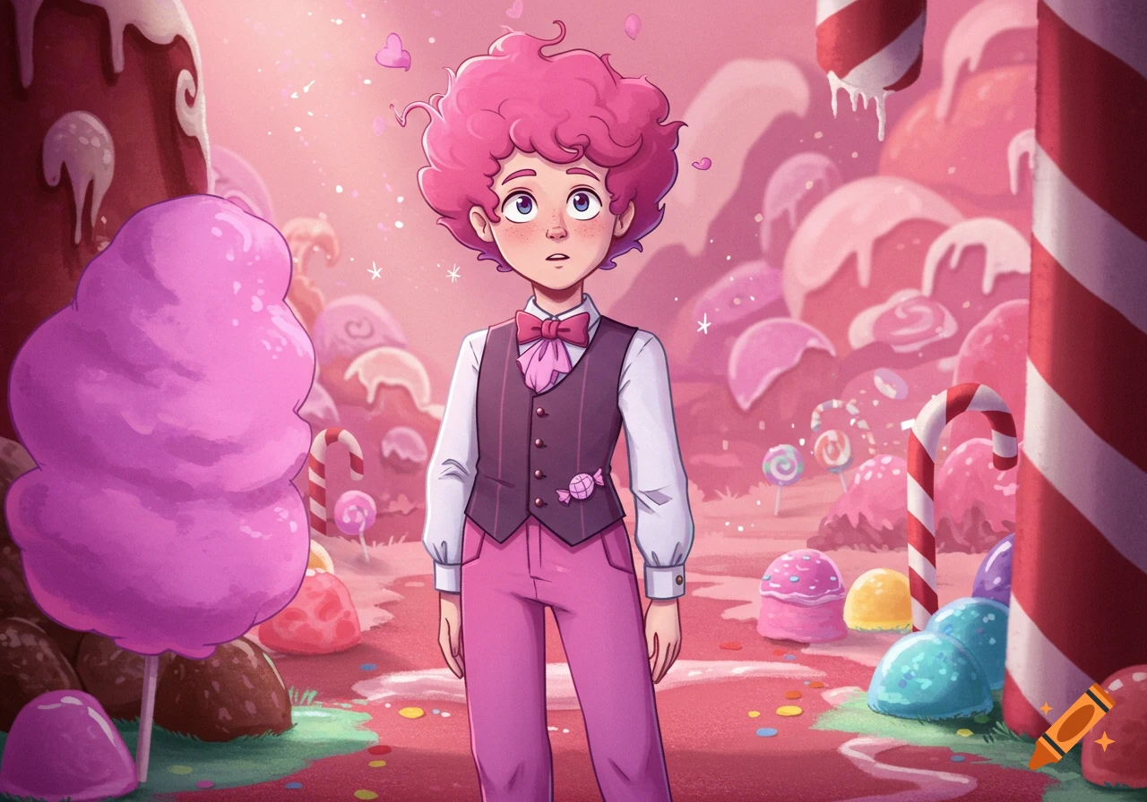 A cartoon boy with pink curly hair and a vest stands in a vibrant pink candy land filled with sweets and candy canes.