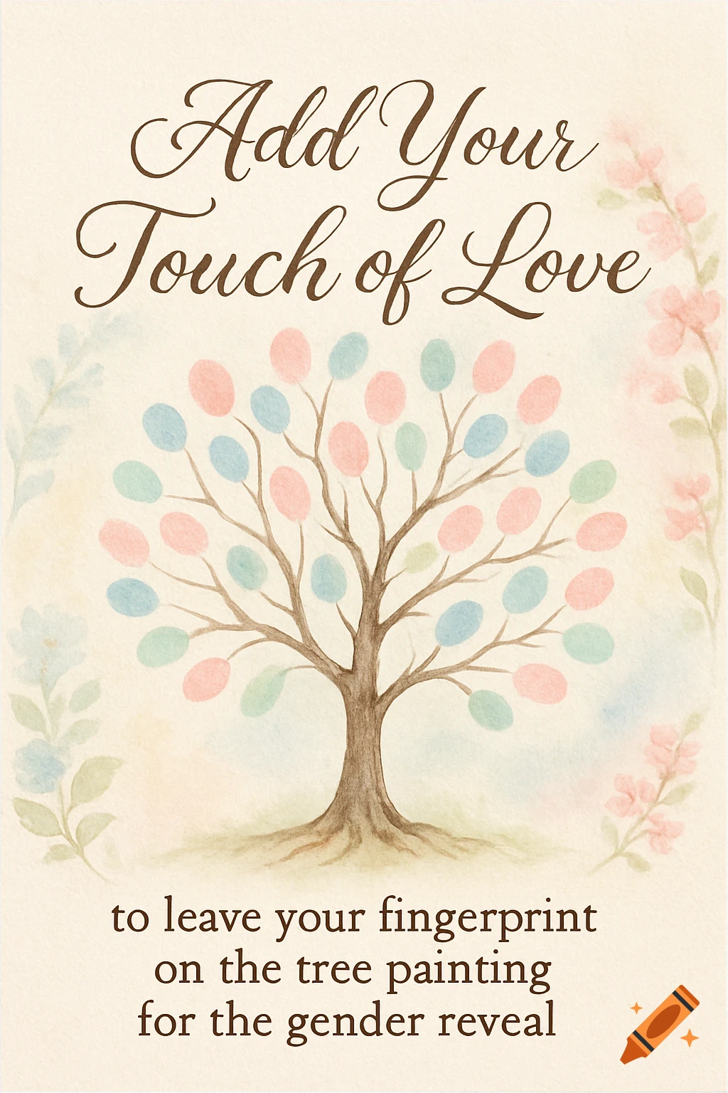 A watercolor tree with pink, blue, and green fingerprint 'leaves' and text 'Add Your Touch of Love' for a gender reveal.