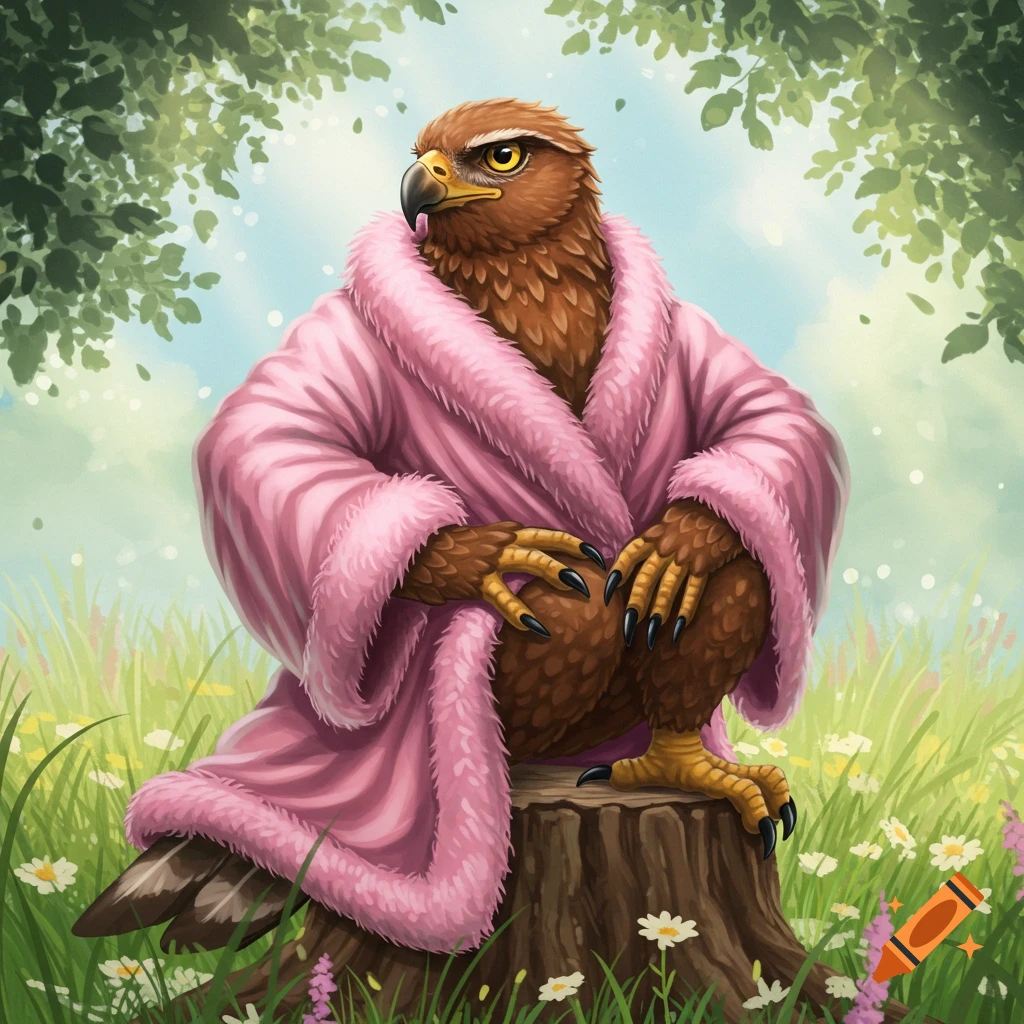 An anthropomorphic eagle wearing a fluffy pink robe sits on a tree stump in a lush green forest with flowers.