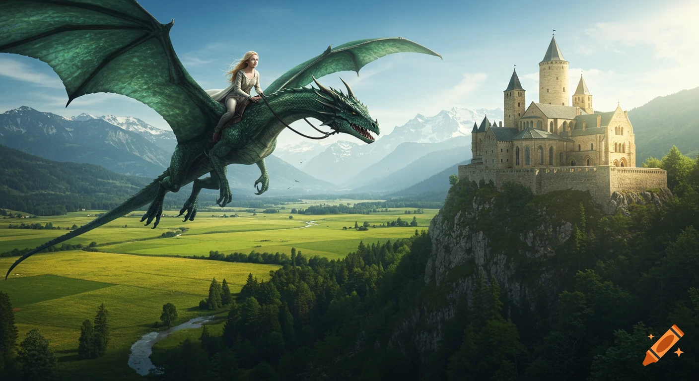 A blonde woman rides a green dragon over a lush landscape with a stone castle and snowy mountains.
